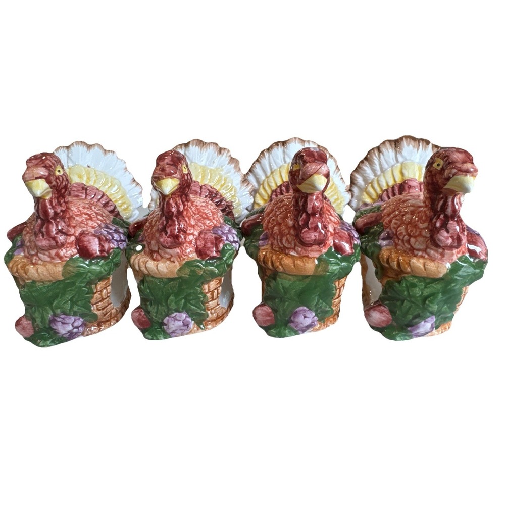 VTG Ceramic Turkey Napkin Rings Holders Thanksgiving/Fall Set Of 4